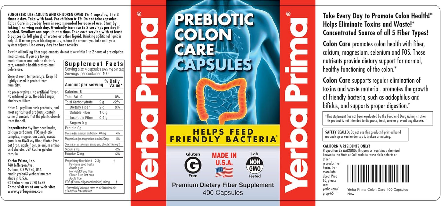 Yerba Prima Prebiotic Colon Care Capsules, 800 Capsules (2 Pack) - Dietary Fiber Supplement for Digestive Support & Regularity