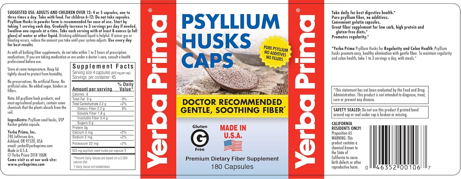 Yerba Prima Psyllium Husk Capsules 625mg - 180 Count - Colon Cleanse Supplement for Gut Health - Non-GMO, Gluten-Free