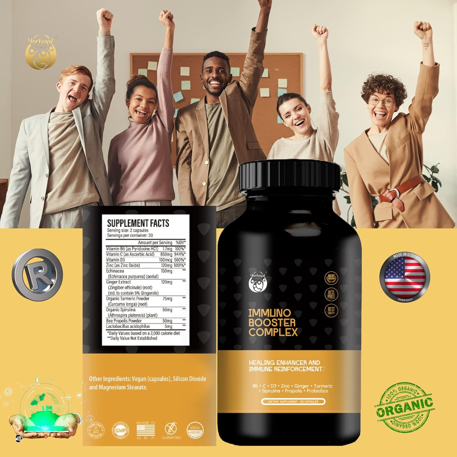 Yerbafit 10-in-1 Immune Support Supplement with Vitamins C, D3, B6, Zinc, Echinacea, Ginger, Turmeric, Spirulina, Propolis, and Probiotics - 60 Capsules