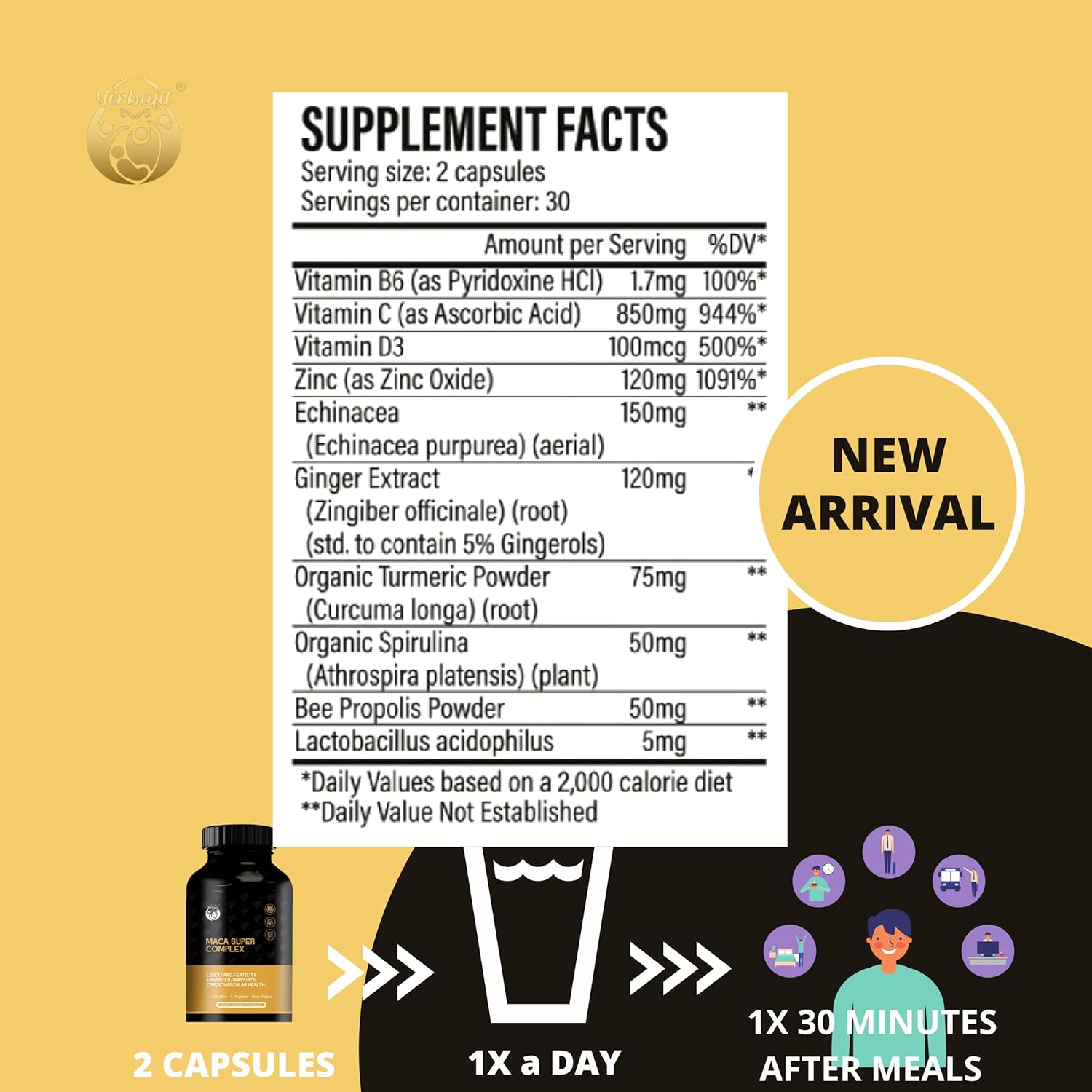 Yerbafit 10-in-1 Immune Support Supplement with Vitamins C, D3, B6, Zinc, Echinacea, Ginger, Turmeric, Spirulina, Propolis, and Probiotics - 60 Capsules