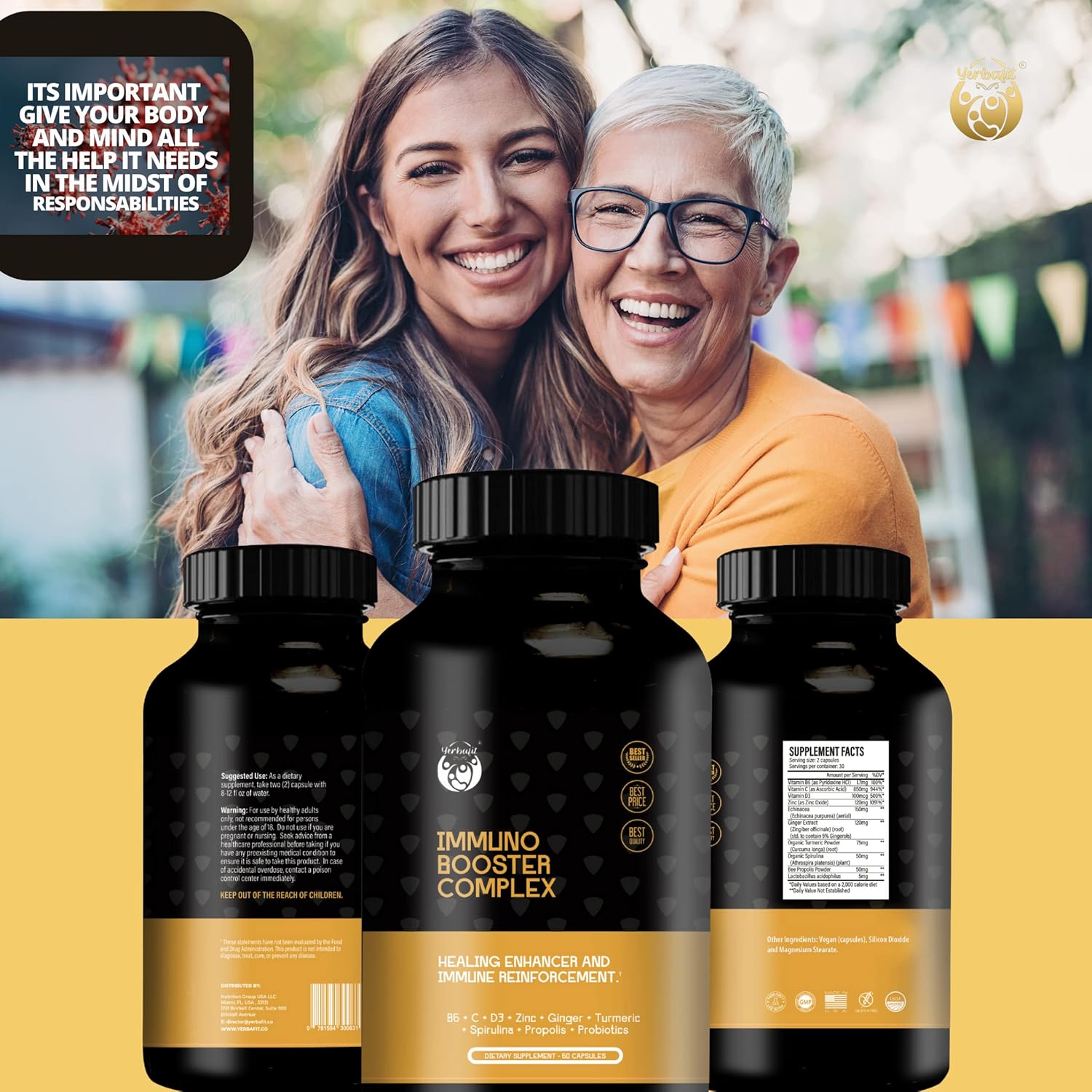 Yerbafit 10-in-1 Immune Support Supplement with Vitamins C, D3, B6, Zinc, Echinacea, Ginger, Turmeric, Spirulina, Propolis, and Probiotics - 60 Capsules