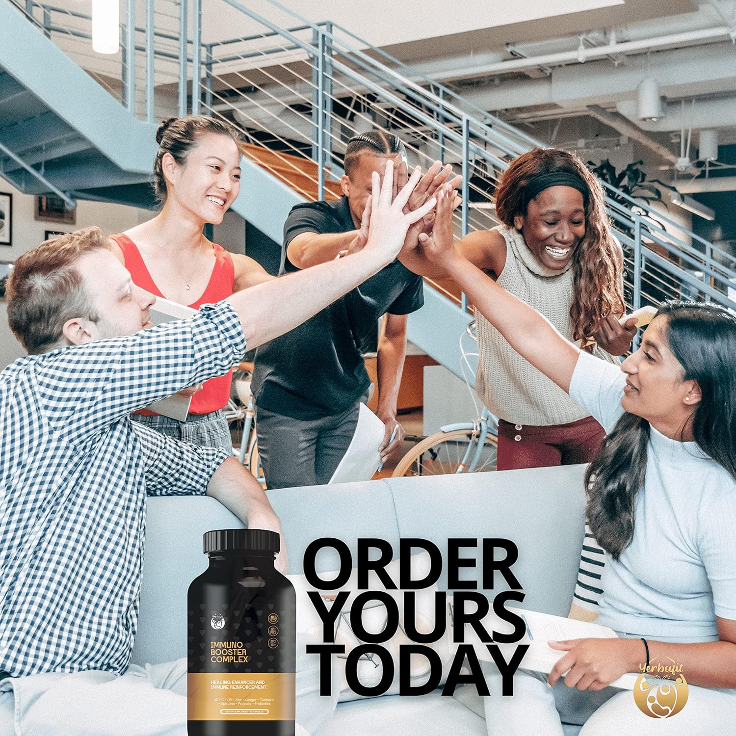 Yerbafit 10-in-1 Immune Support Supplement with Vitamins C, D3, B6, Zinc, Echinacea, Ginger, Turmeric, Spirulina, Propolis, and Probiotics - 60 Capsules