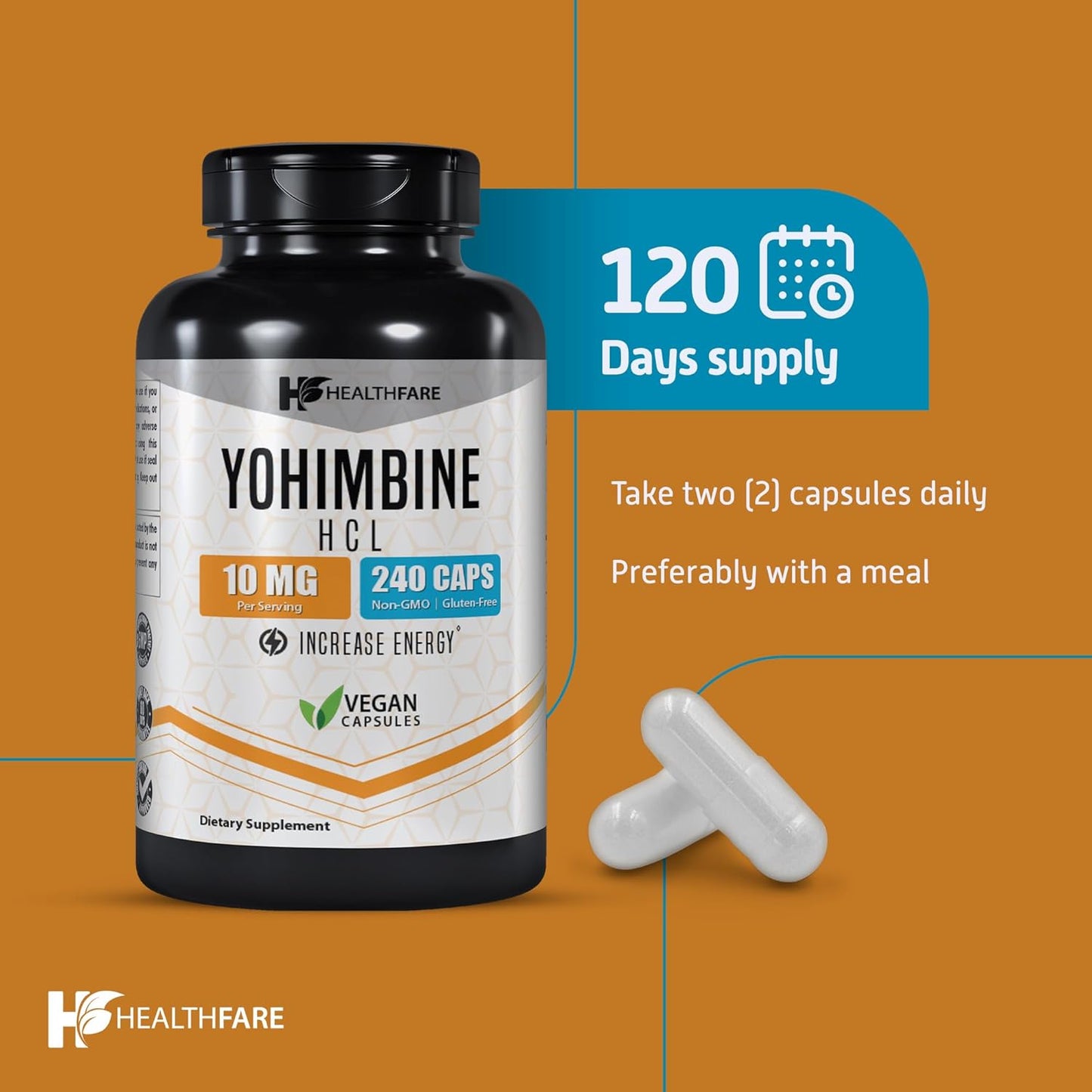 Yohimbine HCL Capsules - 10mg, 240 Count | Maximum Strength Formula, Gluten-Free, Non-GMO | Healthfare