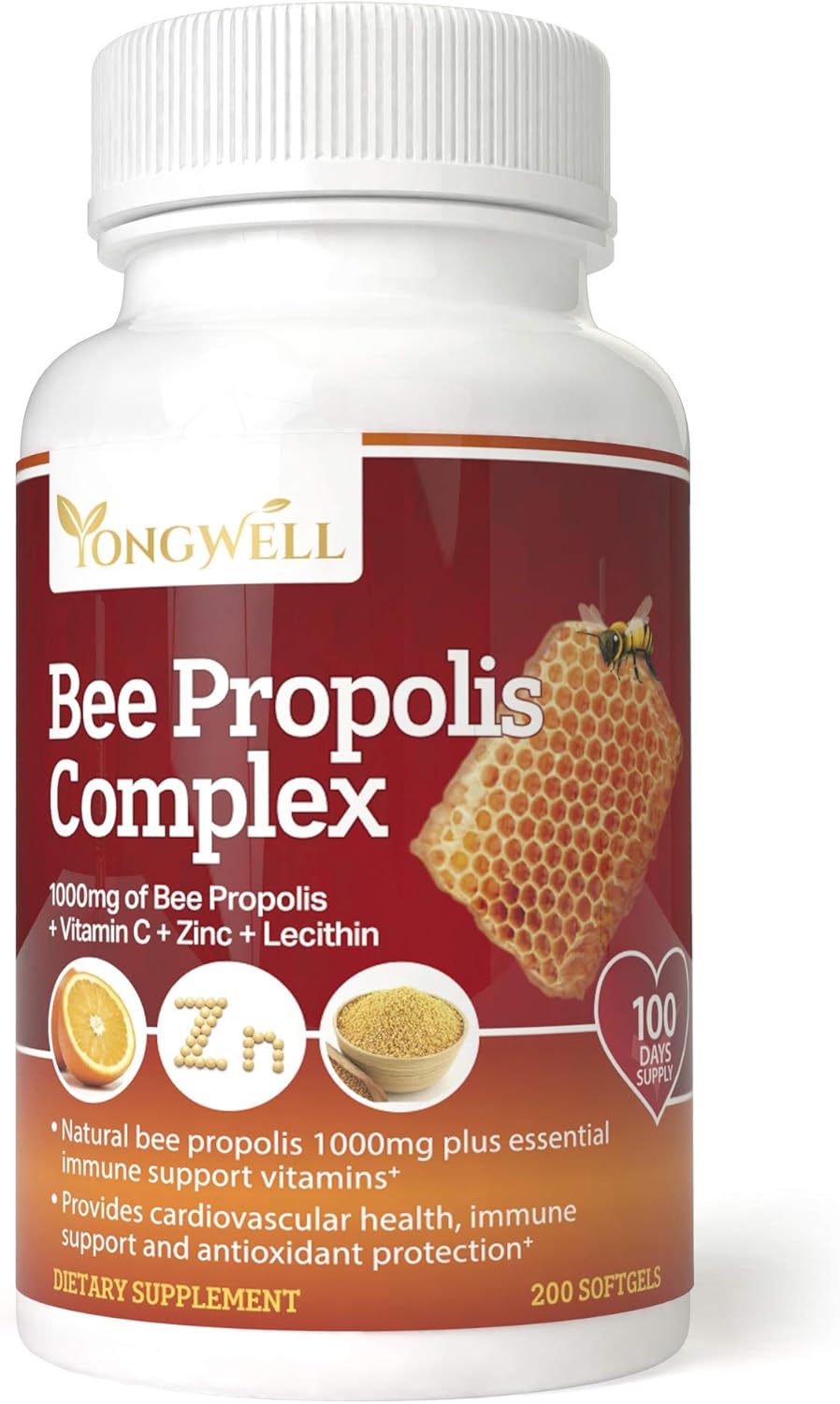 YongWell Super Bee Propolis Complex with Vitamin C, Zinc, and Lecithin - 200 Capsules for Immune Support