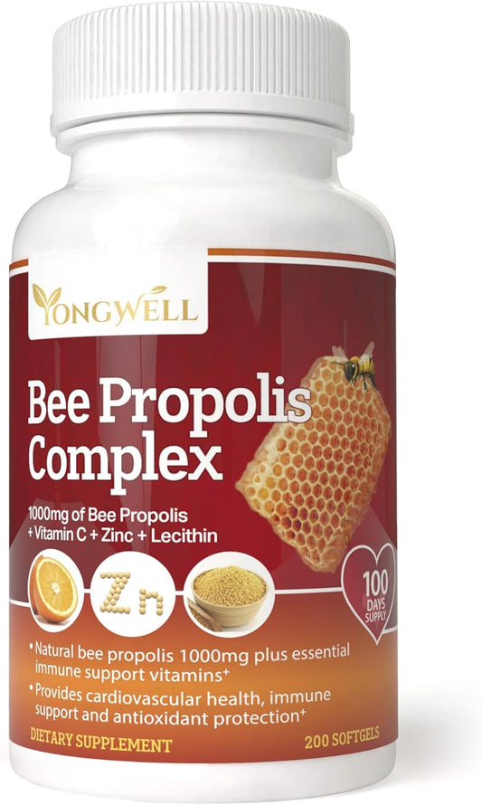 YongWell Super Bee Propolis Complex with Vitamin C, Zinc, and Lecithin - 200 Capsules for Immune Support