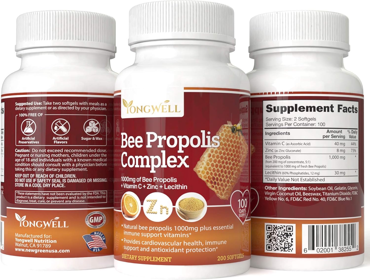 YongWell Super Bee Propolis Complex with Vitamin C, Zinc, and Lecithin - 200 Capsules for Immune Support