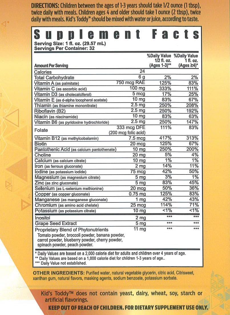 Youngevity Kid's Toddy™ - Premium Multivitamin for Kids 2+ - 14 Vitamins, 10 Minerals, Phytonutrient Blend - Highly Absorbable Orange Liquid - 32 Fl Oz