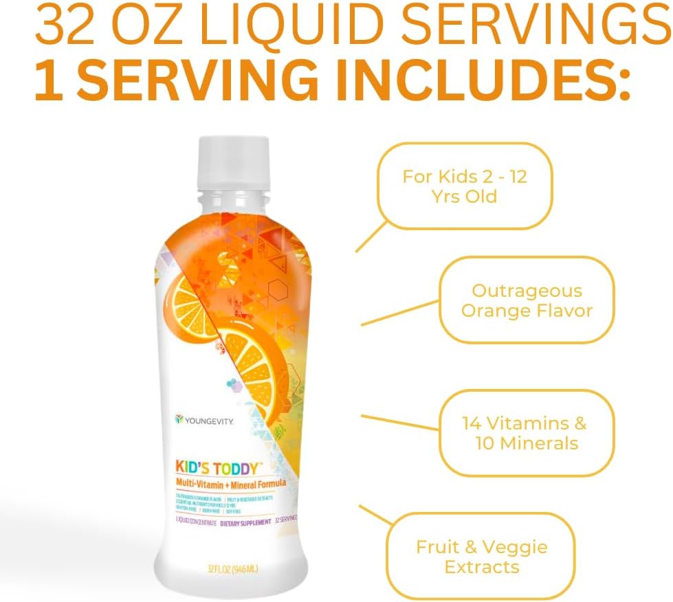 Youngevity Kid's Toddy™ - Premium Multivitamin for Kids 2+ - 14 Vitamins, 10 Minerals, Phytonutrient Blend - Highly Absorbable Orange Liquid - 32 Fl Oz