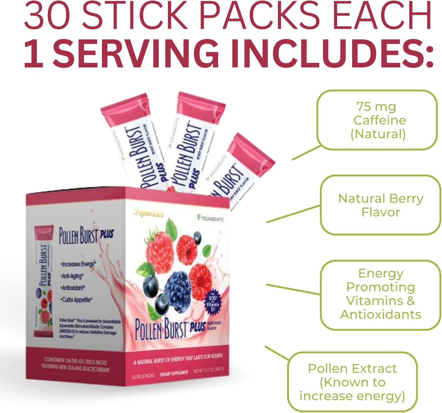 Youngevity Projoba Pollen Burst Plus Berry - Natural Energy Drink with Flower Pollen, Vitamins, Antioxidants - 30 Packets for Sustained Energy & Well-Being