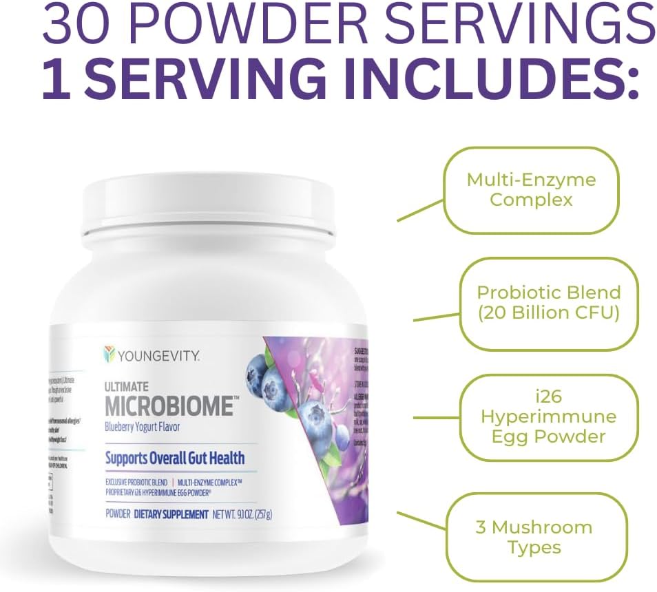 Youngevity Ultimate Microbiome Supplement with i26 Hyperimmune Egg Powder, Probiotic Blend, DigeZyme Enzyme Complex - Supports Gut Health & Immune System