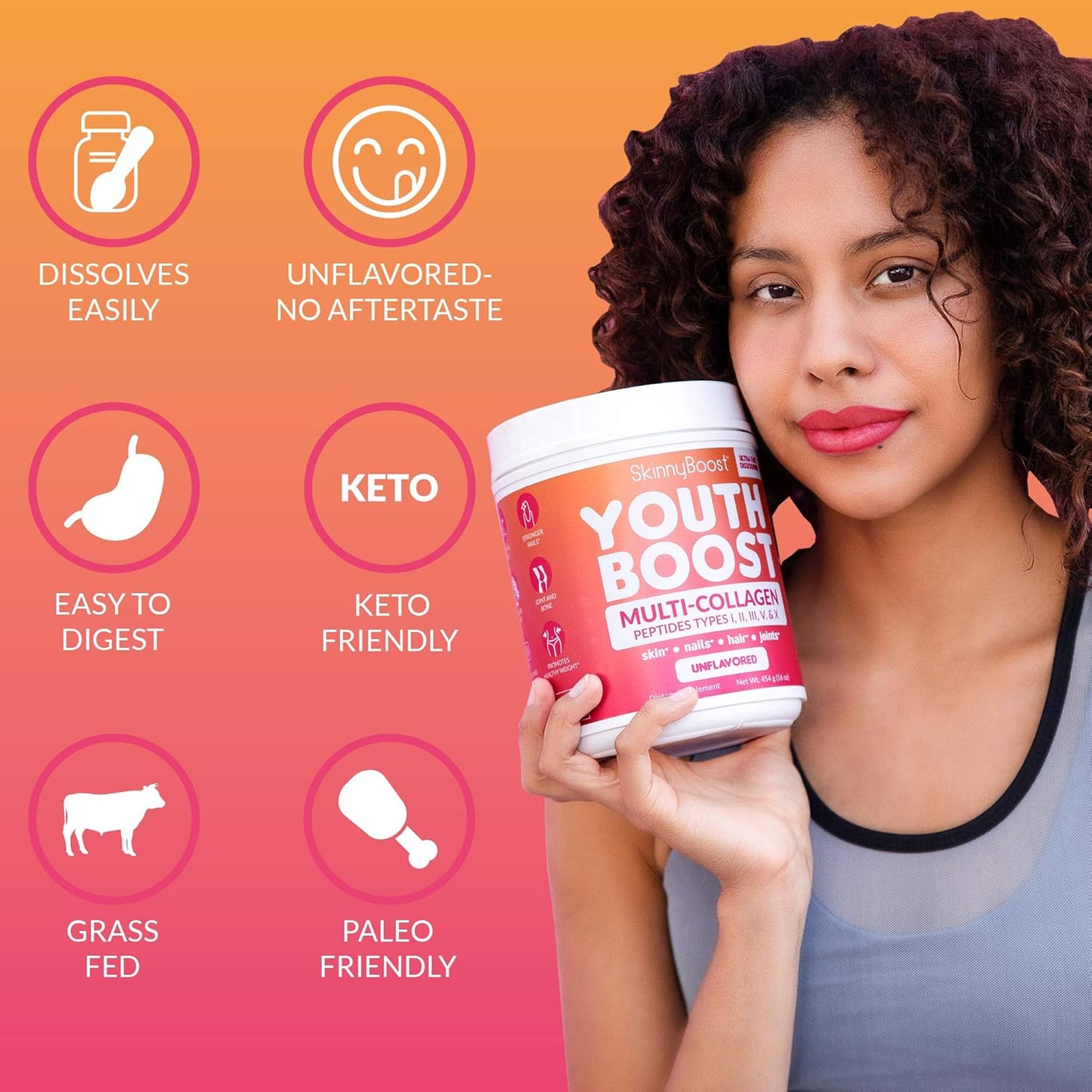 Youth Boost Advanced Multi-Collagen Powder - 5 Types of Hydrolyzed Collagen Peptides for Hair, Skin, Nails & Joints - Grass Fed, Keto Friendly - Unflavored