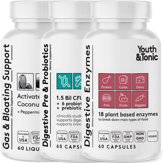 Youth & Tonic Digestion Support for Gut Health - Enzymes, Probiotics, Prebiotics, Charcoal, Peppermint, Coconut Oil - 180 Pills
