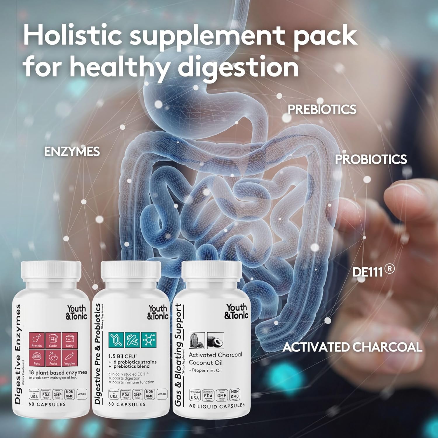 Youth & Tonic Digestion Support for Gut Health - Enzymes, Probiotics, Prebiotics, Charcoal, Peppermint, Coconut Oil - 180 Pills