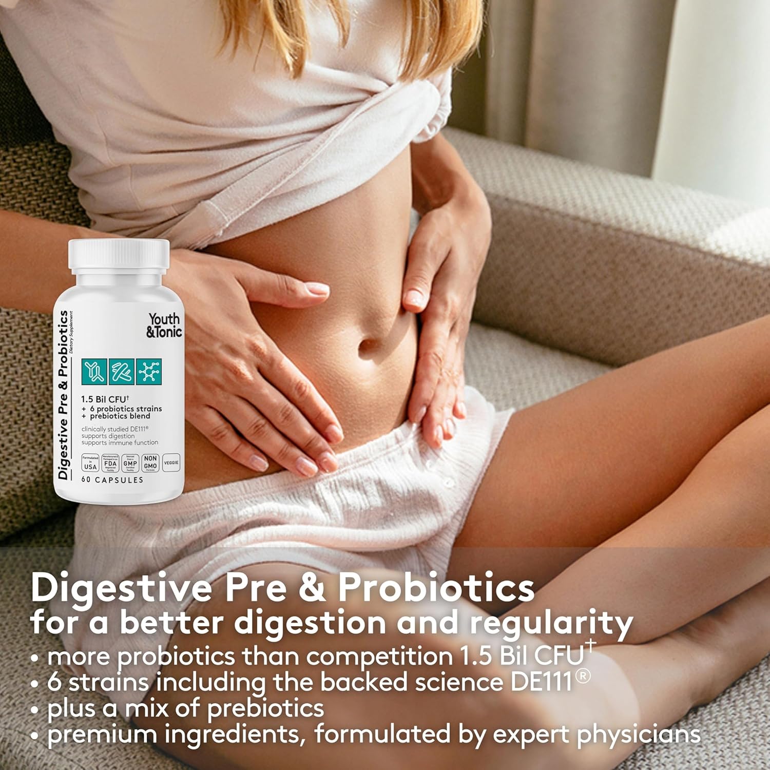 Youth & Tonic Digestion Support for Gut Health - Enzymes, Probiotics, Prebiotics, Charcoal, Peppermint, Coconut Oil - 180 Pills