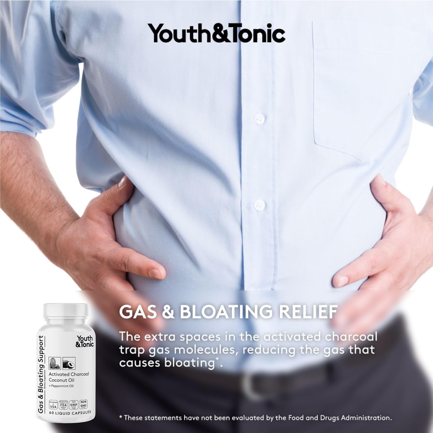 Youth & Tonic Digestion Support for Gut Health - Enzymes, Probiotics, Prebiotics, Charcoal, Peppermint, Coconut Oil - 180 Pills
