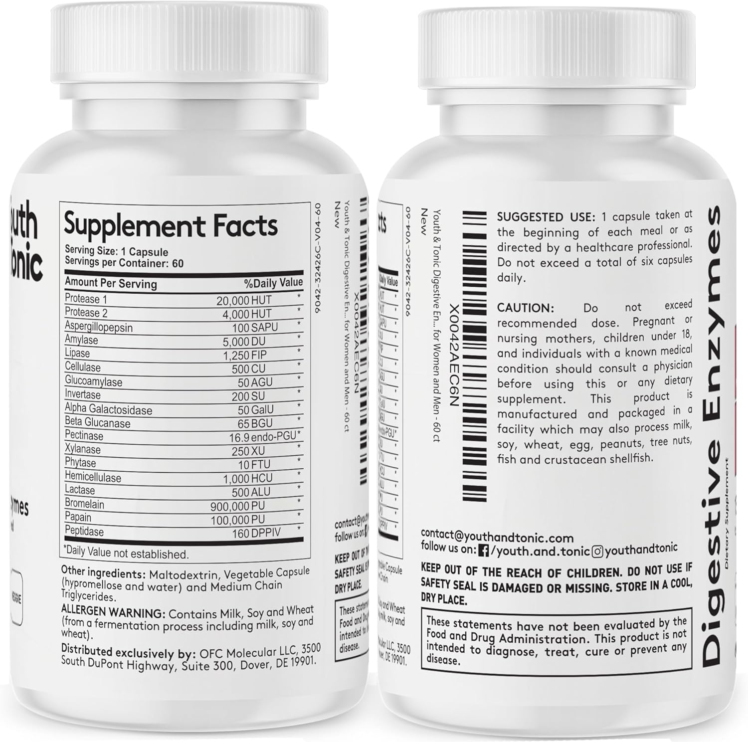 Youth & Tonic Digestion Support for Gut Health - Enzymes, Probiotics, Prebiotics, Charcoal, Peppermint, Coconut Oil - 180 Pills