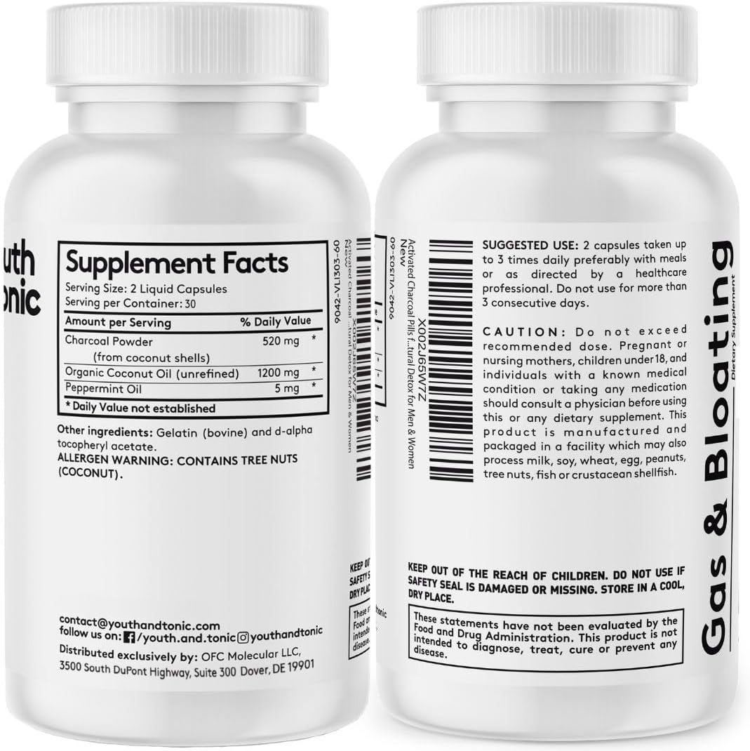 Youth & Tonic Digestion Support for Gut Health - Enzymes, Probiotics, Prebiotics, Charcoal, Peppermint, Coconut Oil - 180 Pills