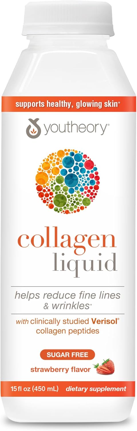 Youtheory Collagen Liquid Strawberry 15 oz - 5,000 mg Hydrolyzed Collagen for Hair, Skin & Nails - Sugar, Dairy, and Soy Free Formula
