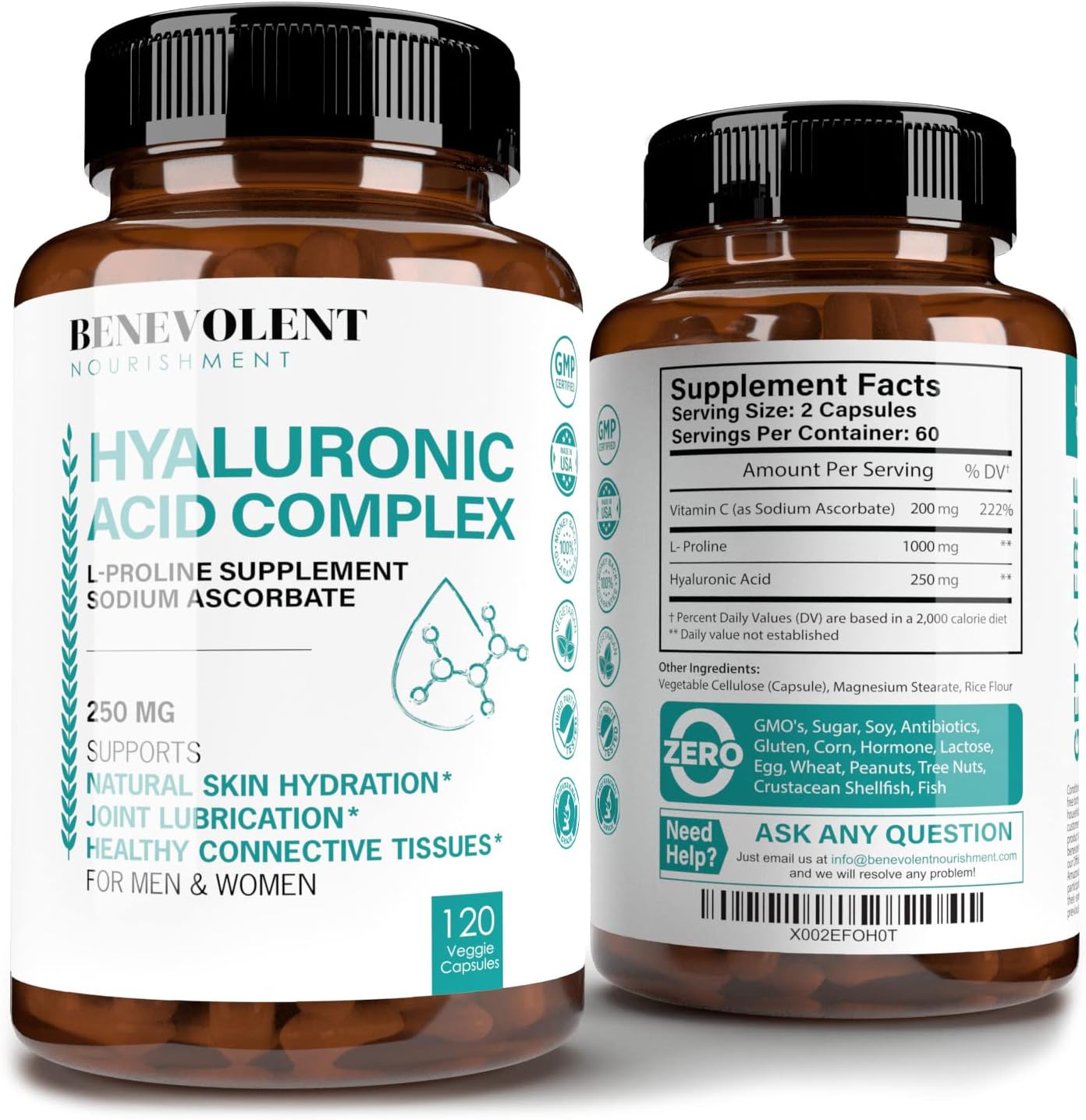 Youthful Skin & Joint Health Hyaluronic Acid Capsules with Vitamin C - 120 Capsules