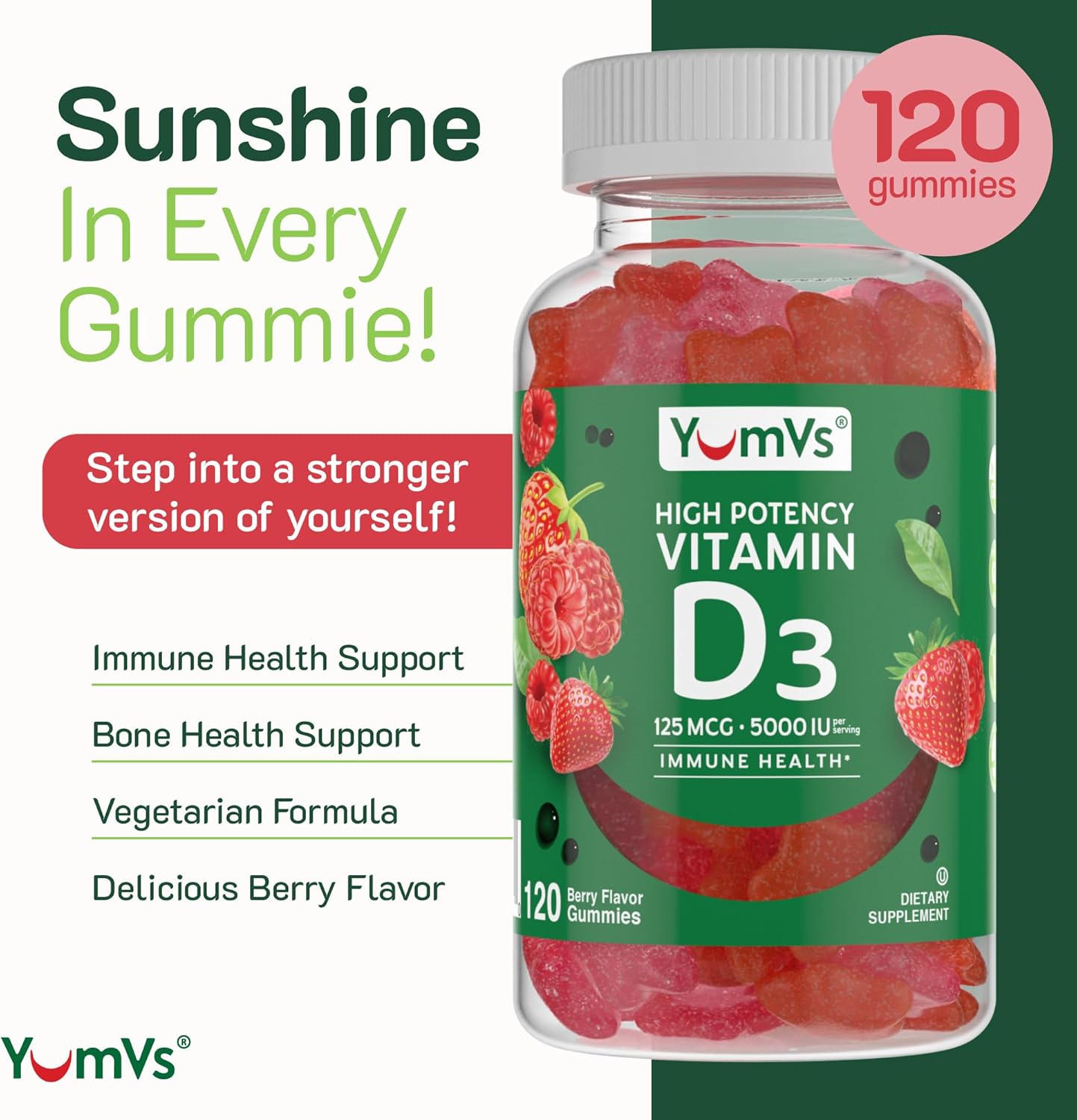 YUM-V'S High Potency Vitamin D3 Gummies 5000 IU - Berry Flavor - Vegetarian Kosher Halal - Gluten Free - 120 Count - Vitamin D Gummies for Adults