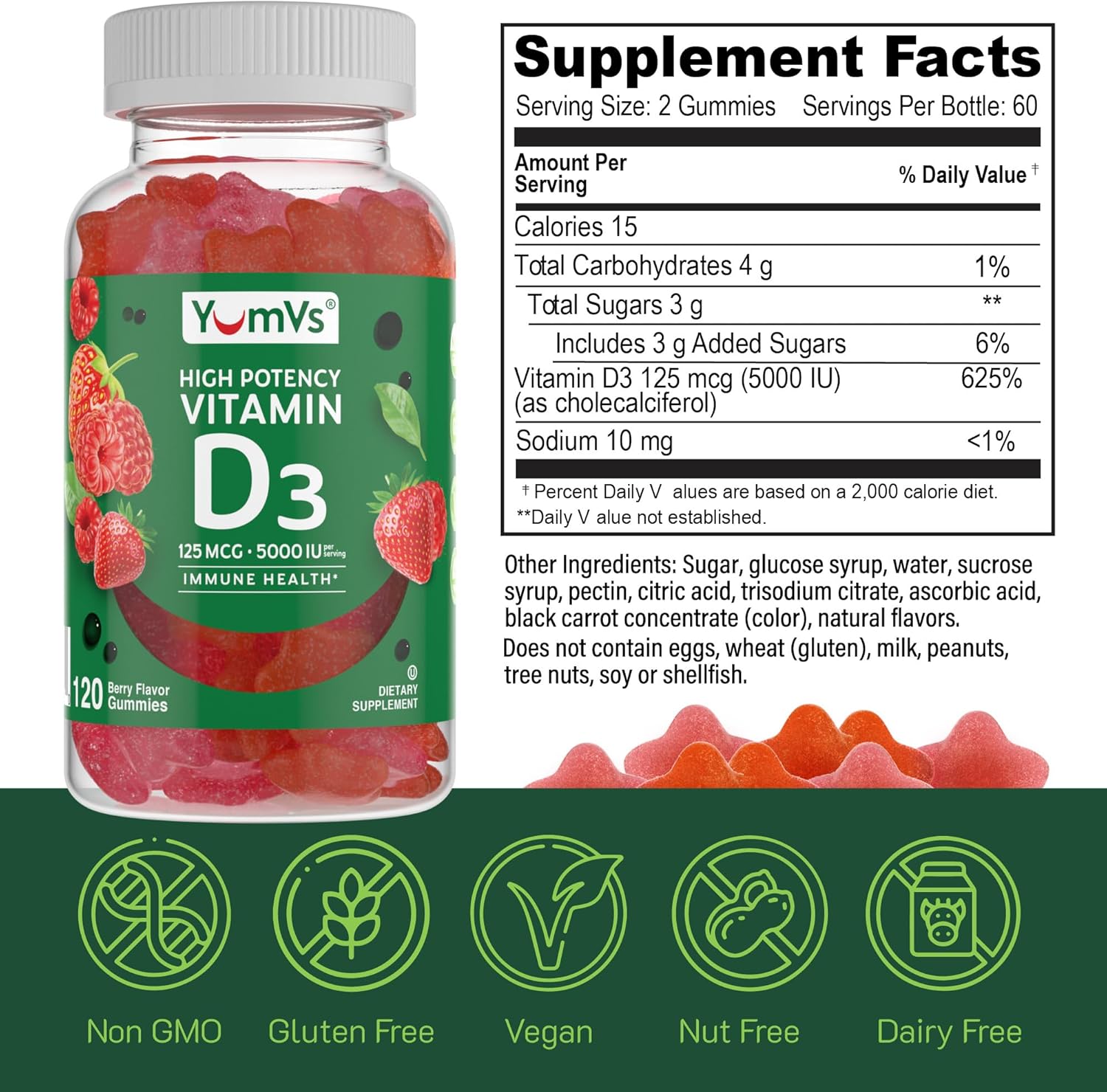 YUM-V'S High Potency Vitamin D3 Gummies 5000 IU - Berry Flavor - Vegetarian Kosher Halal - Gluten Free - 120 Count - Vitamin D Gummies for Adults