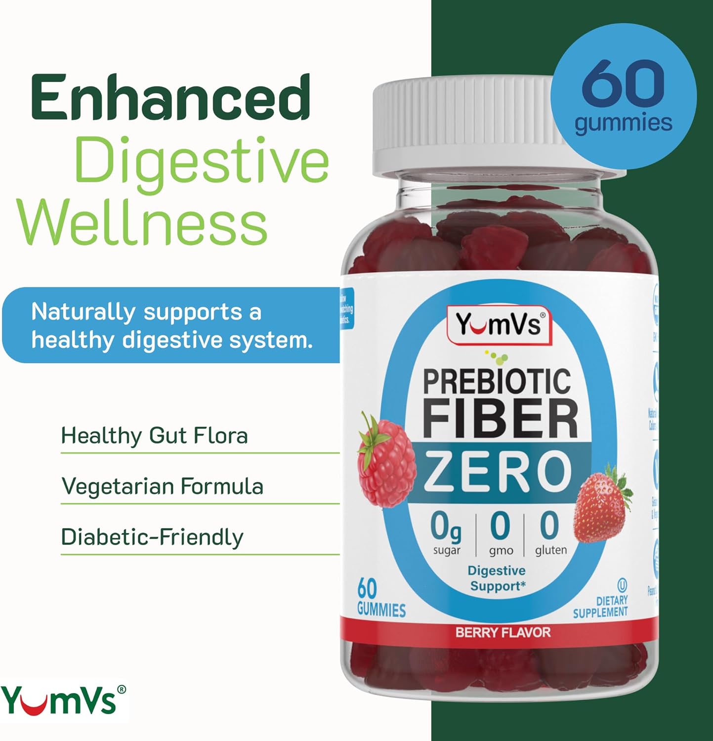 YUM-V'S Prebiotic Fiber Gummies - Keto Friendly Sugar Free Supplement with 4g Fiber, Natural Berry Flavor Chewables for Digestive Support - 60 Count