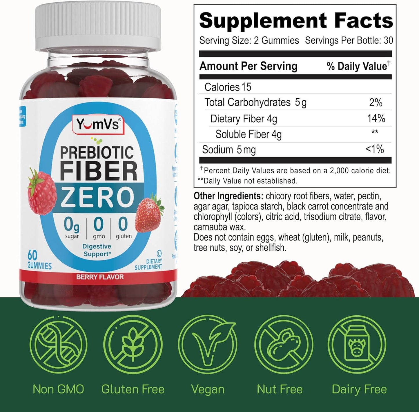 YUM-V'S Prebiotic Fiber Gummies - Keto Friendly Sugar Free Supplement with 4g Fiber, Natural Berry Flavor Chewables for Digestive Support - 60 Count
