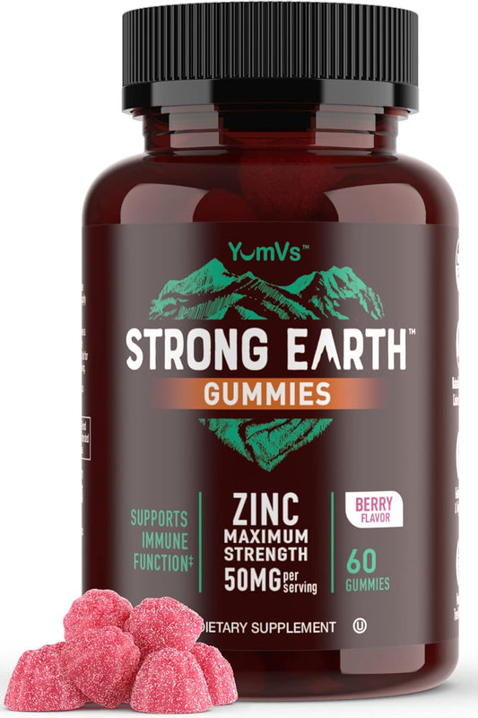 YUM-V'S Strong Earth 50mg Zinc Gummies - Immune Support for Kids & Adults - Antioxidant Supplement - Natural Flavor - 60 Count