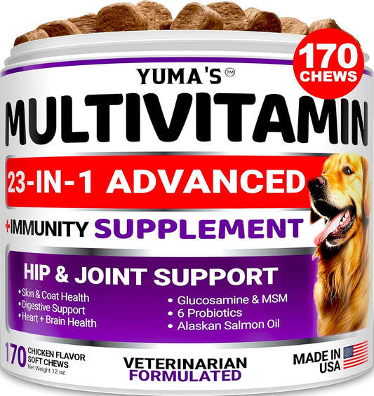 YUMA'S Dog Multivitamin Chewable with Glucosamine - 170 Treats - Senior & Puppy Vitamins - Hip & Joint Support - Immune Health, Skin, Heart, Digestion, Probiotics
