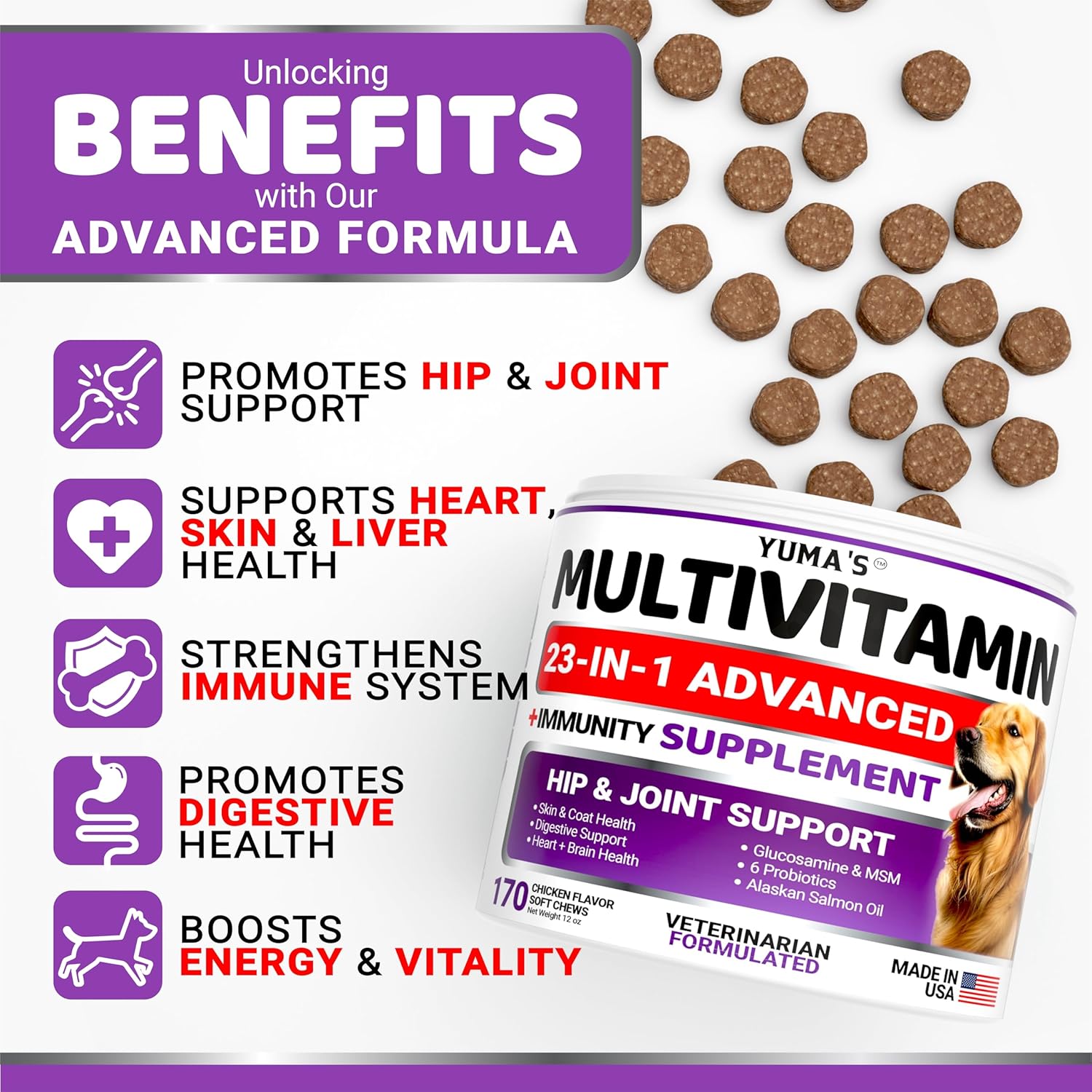 YUMA'S Dog Multivitamin Chewable with Glucosamine - 170 Treats - Senior & Puppy Vitamins - Hip & Joint Support - Immune Health, Skin, Heart, Digestion, Probiotics