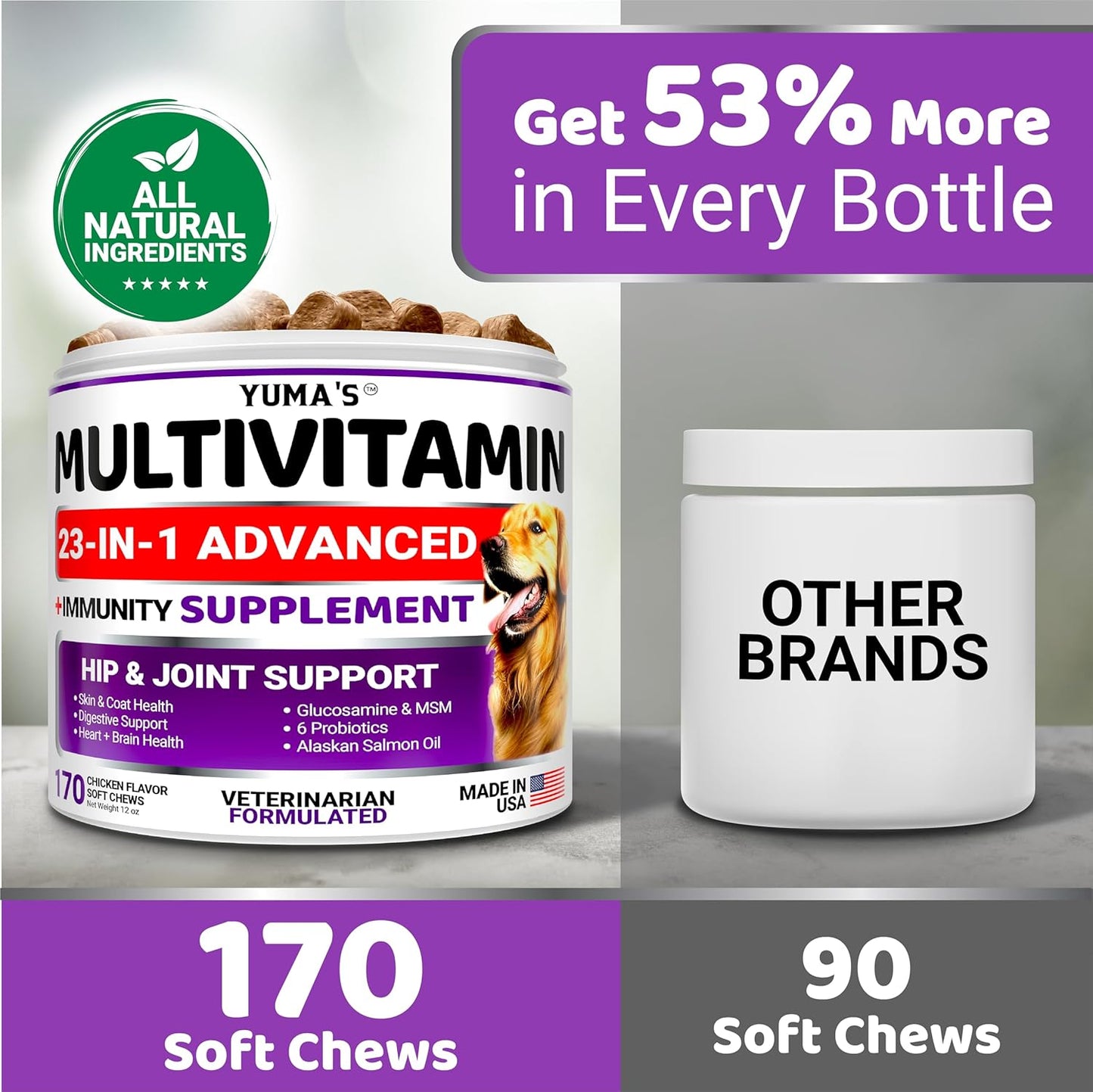 YUMA'S Dog Multivitamin Chewable with Glucosamine - 170 Treats - Senior & Puppy Vitamins - Hip & Joint Support - Immune Health, Skin, Heart, Digestion, Probiotics