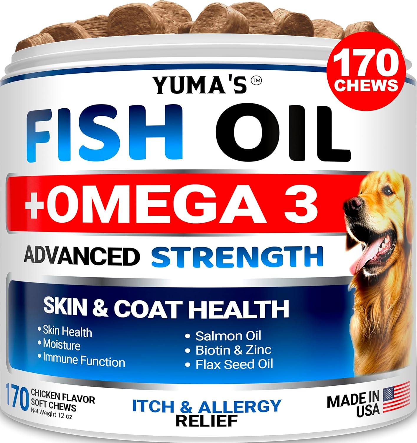 YUMA's Omega 3 Fish Oil Chews for Dogs - Skin & Coat Supplement with EPA & DHA - 170 Treats - Allergy Support & Anti Shedding - Chicken & Salmon Flavor.