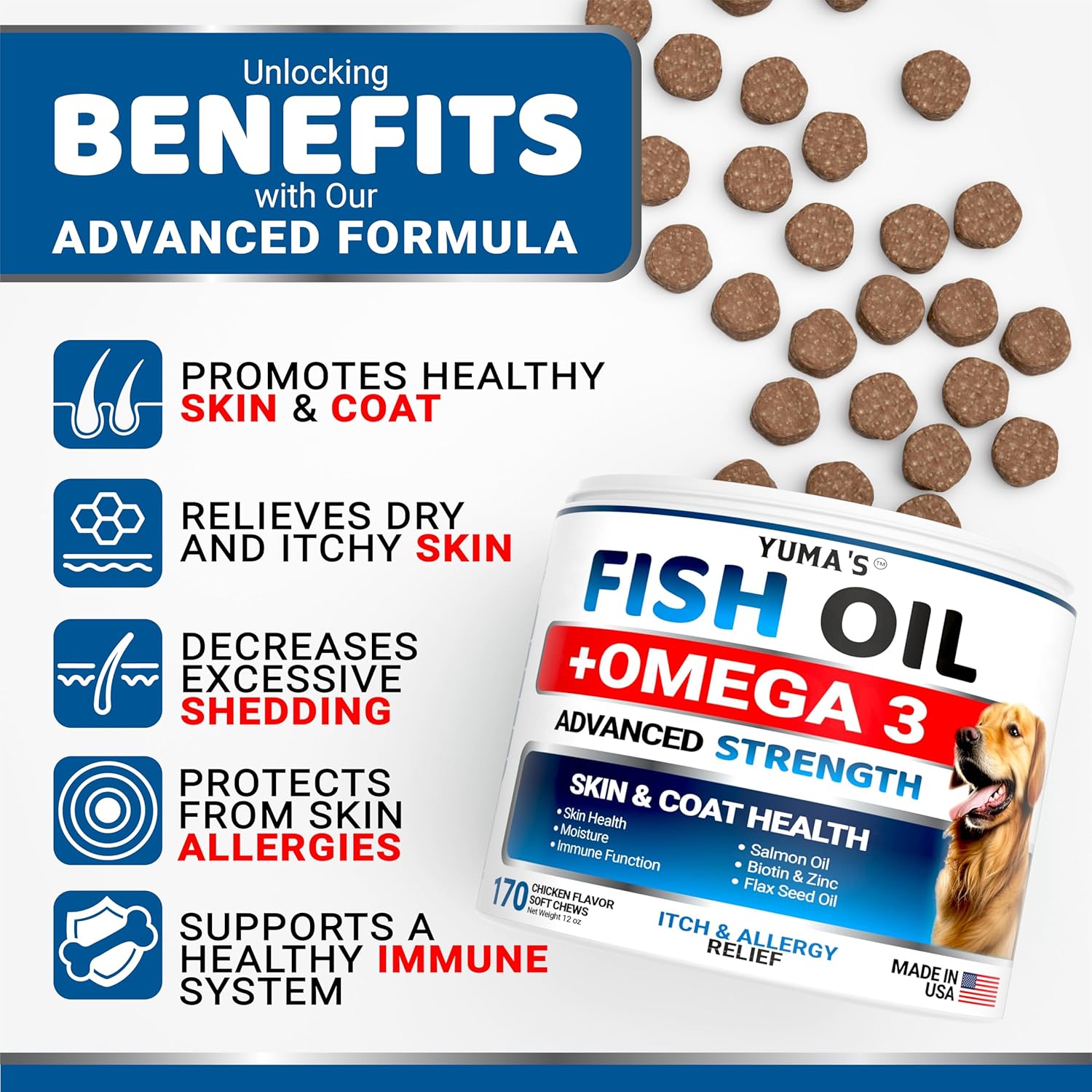 YUMA's Omega 3 Fish Oil Chews for Dogs - Skin & Coat Supplement with EPA & DHA - 170 Treats - Allergy Support & Anti Shedding - Chicken & Salmon Flavor.