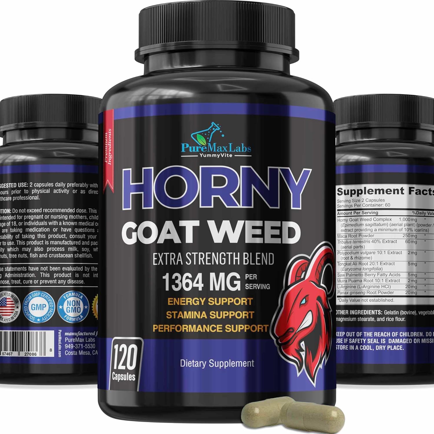 YUMMYVITE Horny Goat Weed Extra Strength Capsules with Maca, L-Arginine, Ginseng - Boost Desire, Performance, Stamina, Energy - Non-GMO Formula