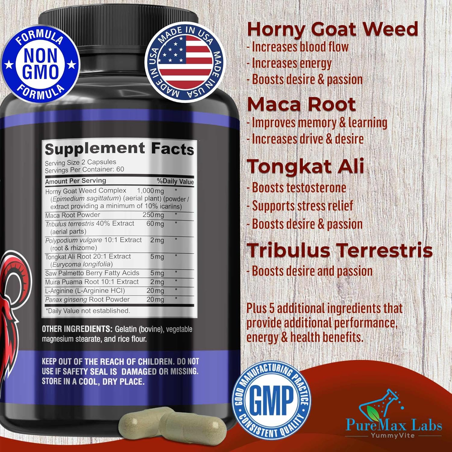 YUMMYVITE Horny Goat Weed Extra Strength Capsules with Maca, L-Arginine, Ginseng - Boost Desire, Performance, Stamina, Energy - Non-GMO Formula