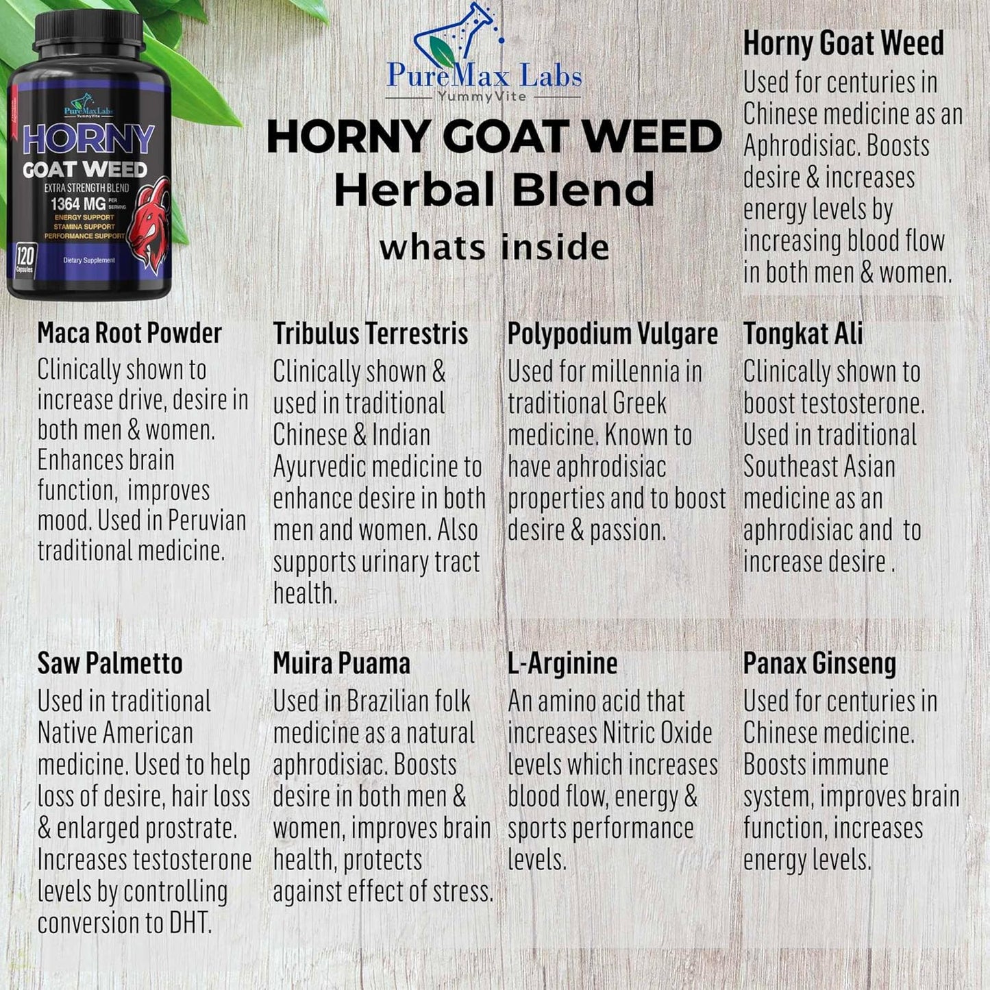 YUMMYVITE Horny Goat Weed Extra Strength Capsules with Maca, L-Arginine, Ginseng - Boost Desire, Performance, Stamina, Energy - Non-GMO Formula