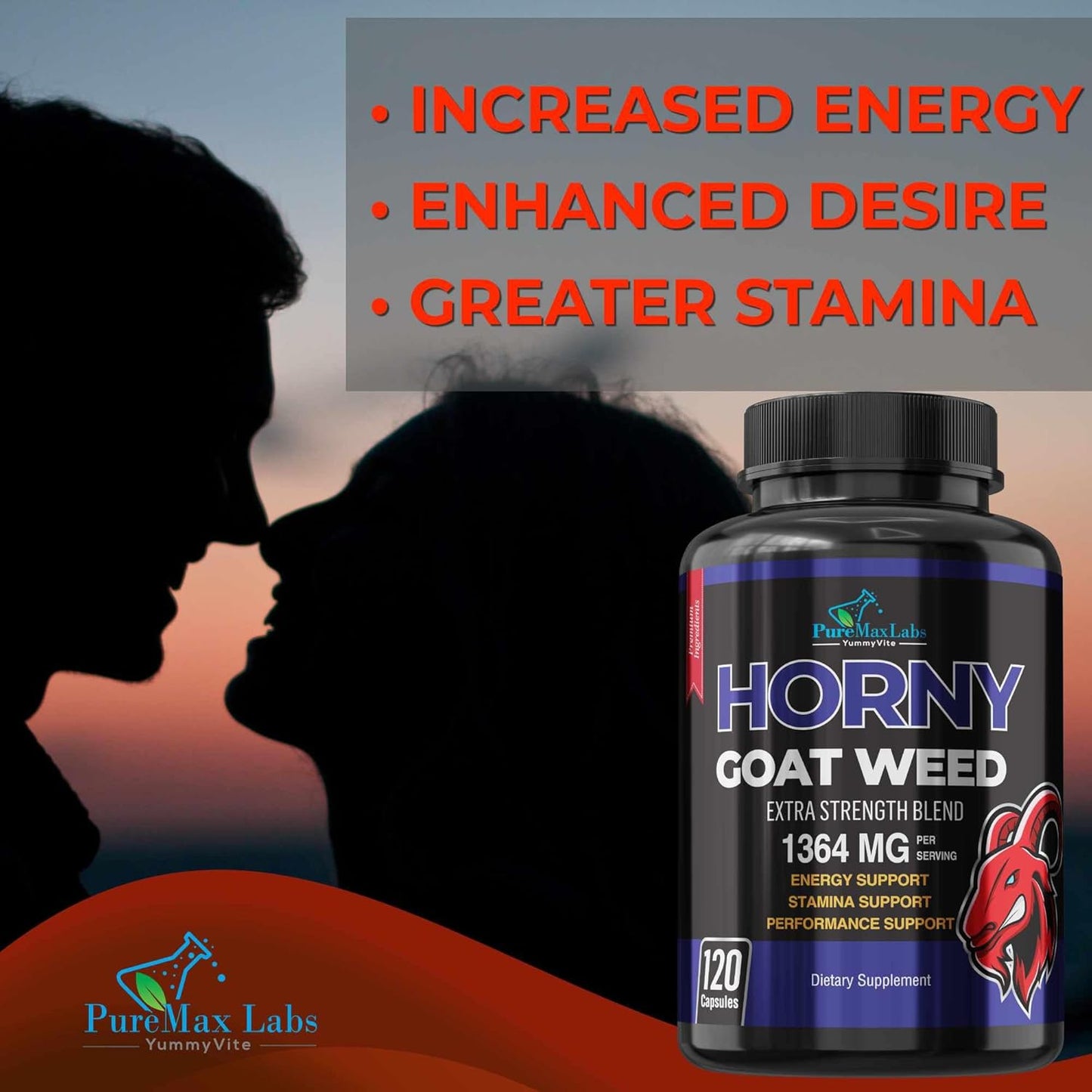 YUMMYVITE Horny Goat Weed Extra Strength Capsules with Maca, L-Arginine, Ginseng - Boost Desire, Performance, Stamina, Energy - Non-GMO Formula