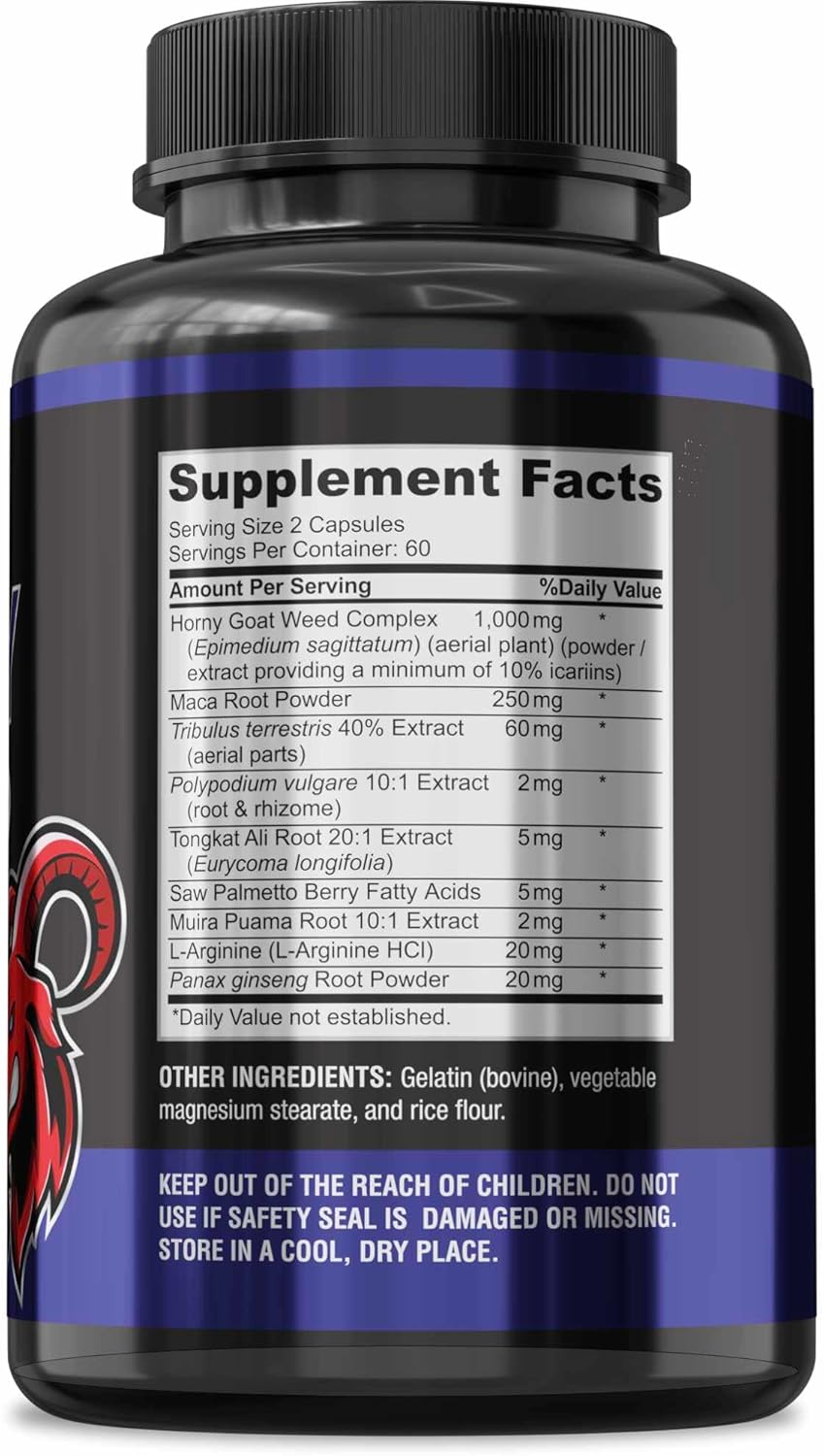 YUMMYVITE Horny Goat Weed Extra Strength Capsules with Maca, L-Arginine, Ginseng - Boost Desire, Performance, Stamina, Energy - Non-GMO Formula