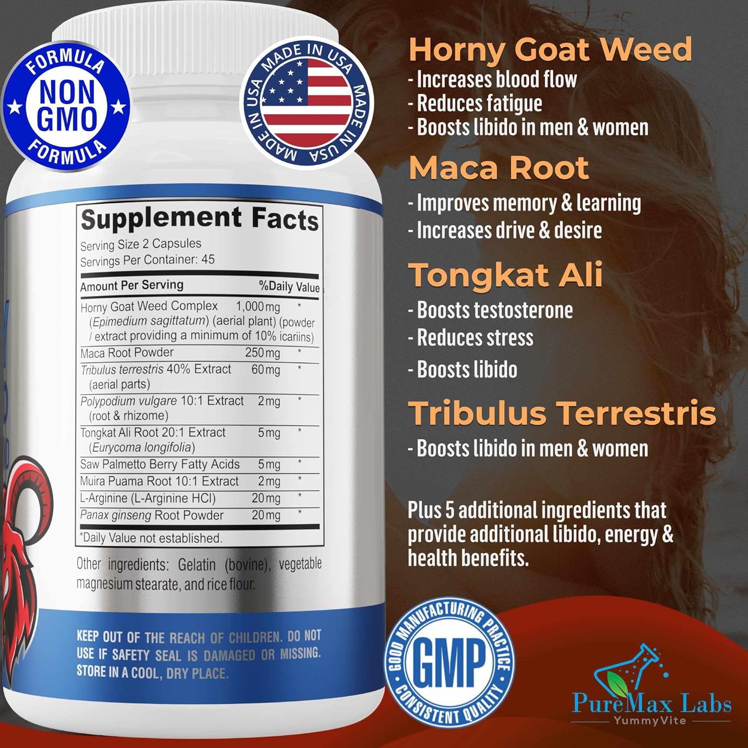 YUMMYVITE Horny Goat Weed Maca L-Arginine Ginseng 1590mg Extra Strength Non-GMO 90 Capsules Boost Performance Stamina Energy