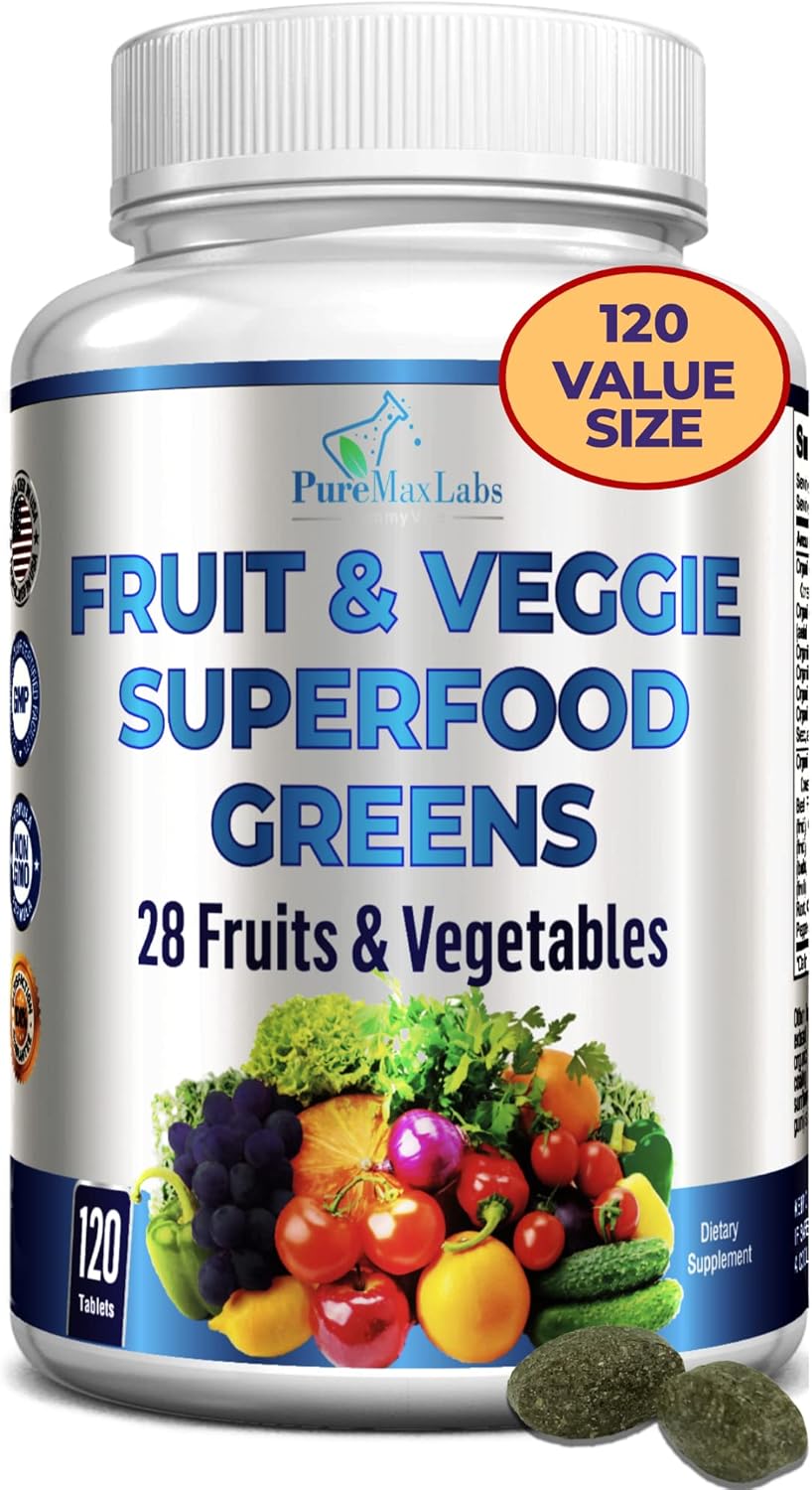YUMMYVITE Superfood Greens Tablets - 28 Fruits & Vegetables, Alfalfa, Barley Grass, Spirulina - Non-GMO - 120 Tablets