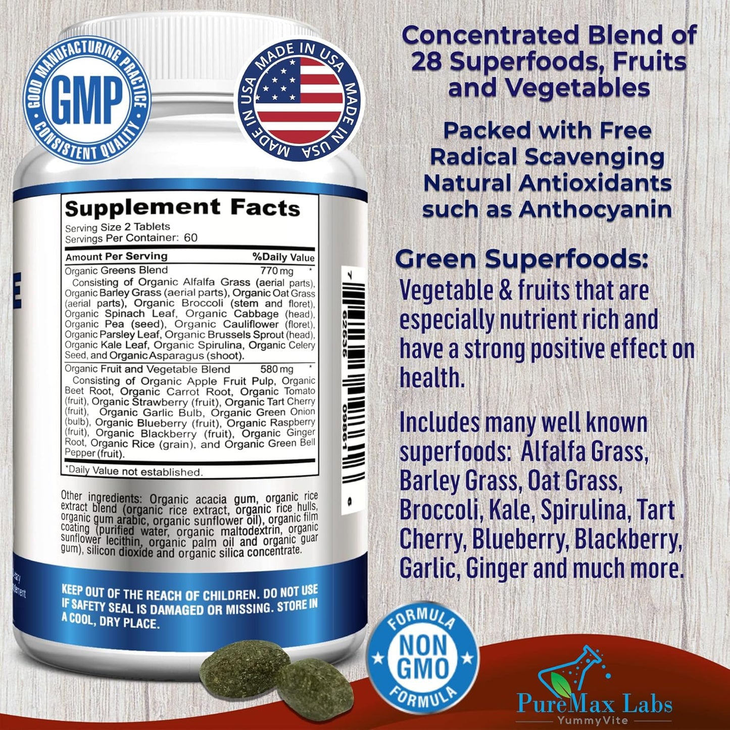 YUMMYVITE Superfood Greens Tablets - 28 Fruits & Vegetables, Alfalfa, Barley Grass, Spirulina - Non-GMO - 120 Tablets
