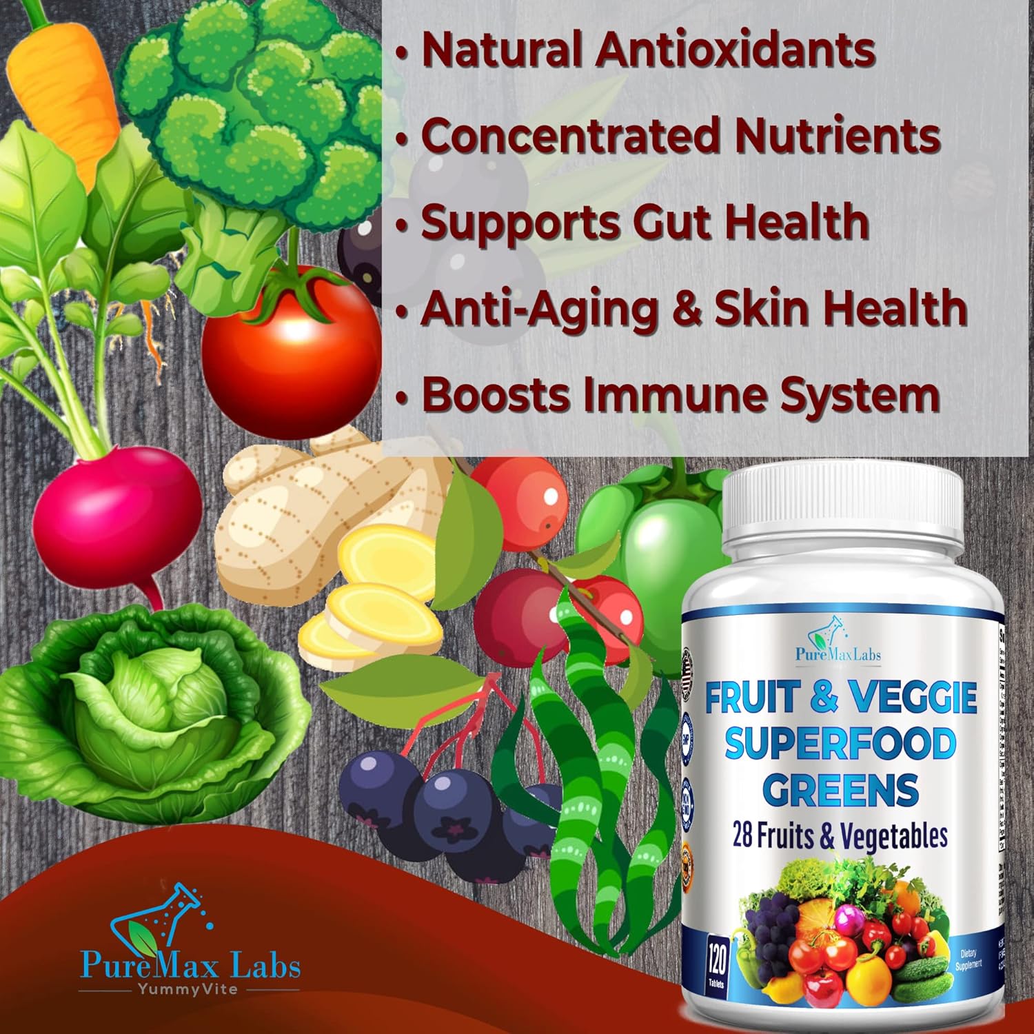 YUMMYVITE Superfood Greens Tablets - 28 Fruits & Vegetables, Alfalfa, Barley Grass, Spirulina - Non-GMO - 120 Tablets