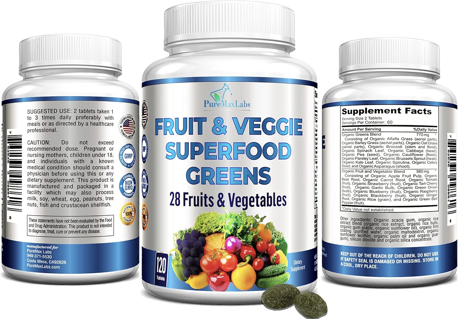 YUMMYVITE Superfood Greens Tablets - 28 Fruits & Vegetables, Alfalfa, Barley Grass, Spirulina - Non-GMO - 120 Tablets