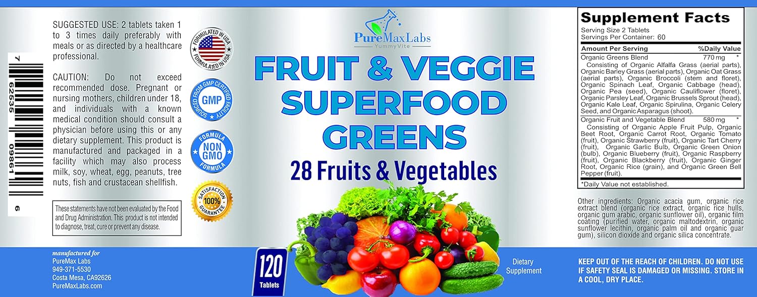YUMMYVITE Superfood Greens Tablets - 28 Fruits & Vegetables, Alfalfa, Barley Grass, Spirulina - Non-GMO - 120 Tablets