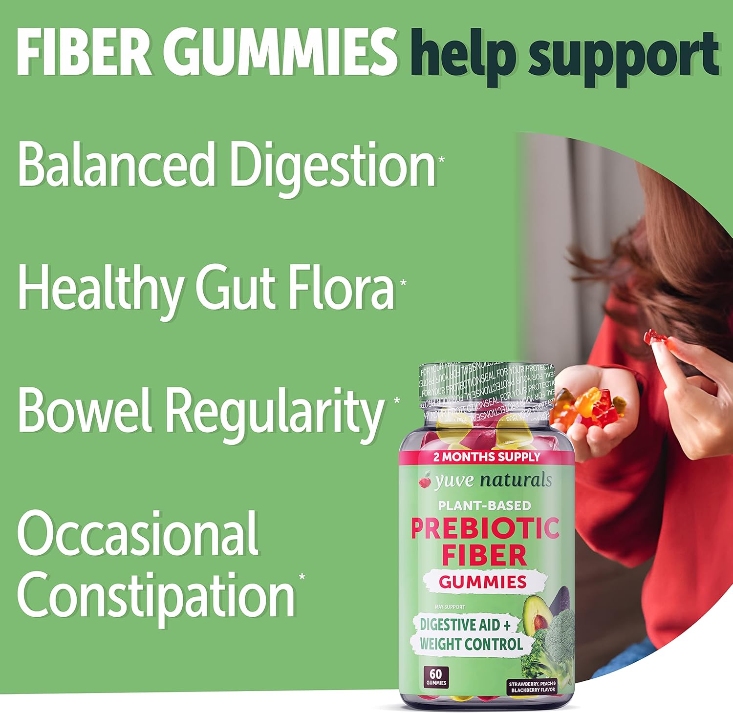 Yuve Fiber Gummies - 3g Soluble Fiber Supplement for Digestive Health - Vegan & Gluten-Free - Non-GMO - 120 Gummies