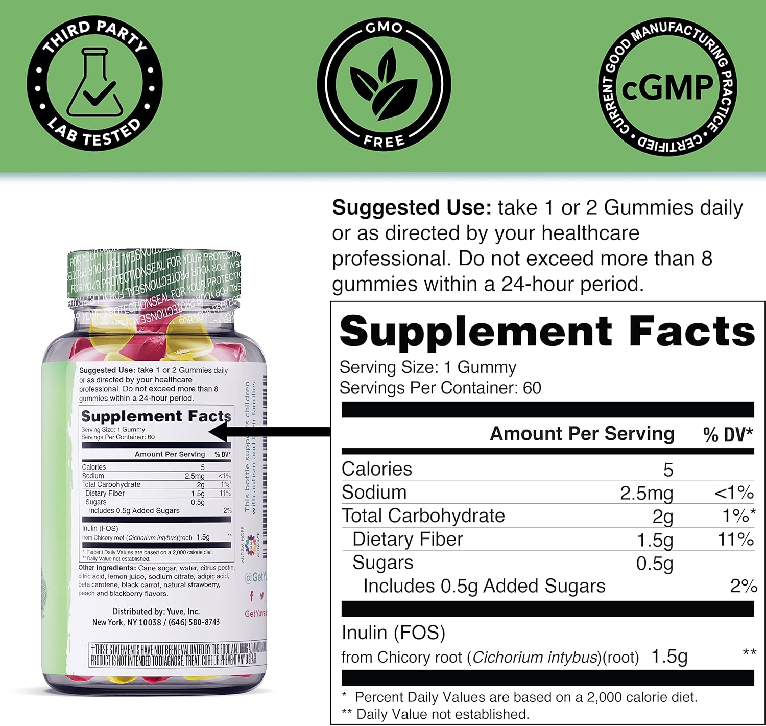 Yuve Fiber Gummies - 3g Soluble Fiber Supplement for Digestive Health - Vegan & Gluten-Free - Non-GMO - 120 Gummies