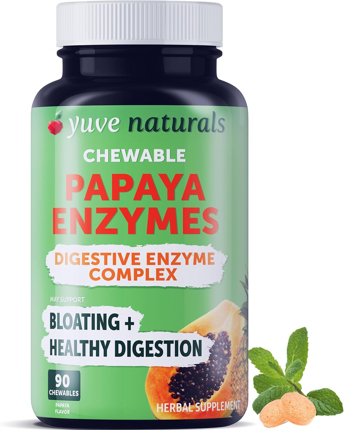 Yuve Natural Papaya Digestive Enzymes Chewable Candies - 90ct - Vegan, Non-GMO, Gluten-Free - Digestion Support & Gut Health Supplement