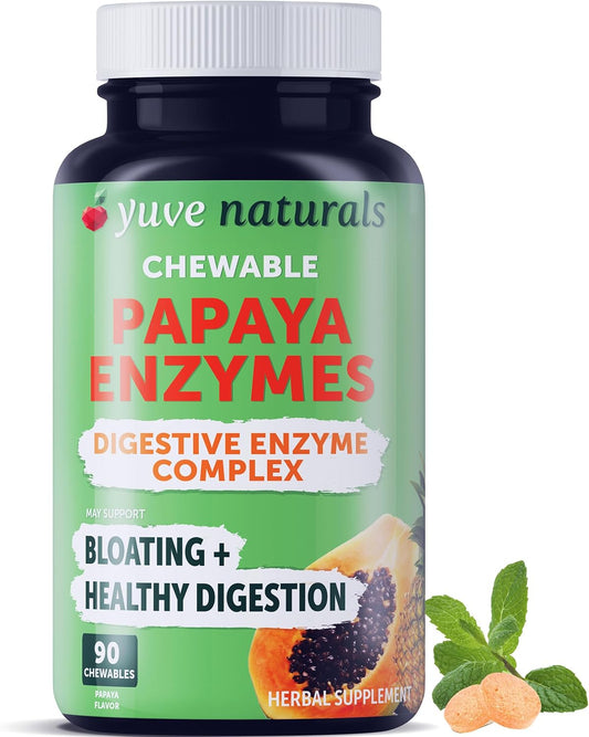 Yuve Natural Papaya Digestive Enzymes Chewable Candies - 90ct - Vegan, Non-GMO, Gluten-Free - Digestion Support & Gut Health Supplement