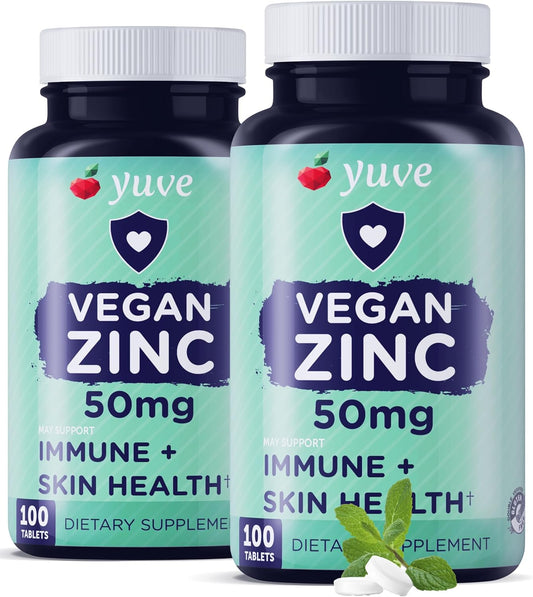 Yuve Natural Vegan Zinc Vitamins 50mg - Immune Support, Cold & Flu Relief, Clear Skin, Hormone Balance - Non-GMO, Gluten & Sugar Free - 100 Veg Tabs (2 Pack)