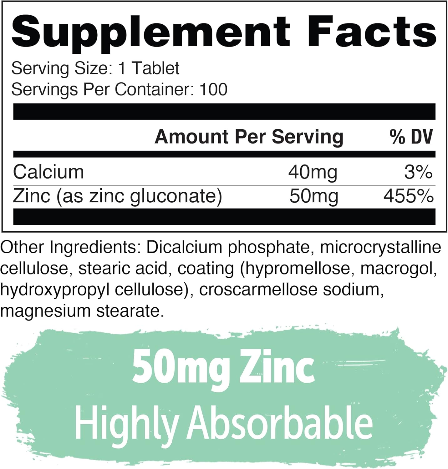Yuve Natural Vegan Zinc Vitamins 50mg - Immune Support, Cold & Flu Relief, Clear Skin, Hormone Balance - Non-GMO, Gluten & Sugar Free - 100 Veg Tabs (2 Pack)
